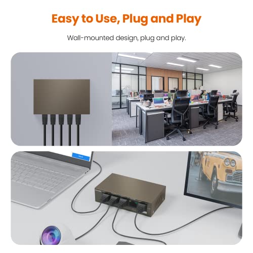 Image of Tenda TEF1105P, 5 Port Fast Ethernet PoE Switch with 4 PoE+ Ports @58W, Unmanaged PoE Powered Switch, Plug & Play, Desktop & Wall-Mount, Fanless & Sturdy Metal, Limited Lifetime Protection