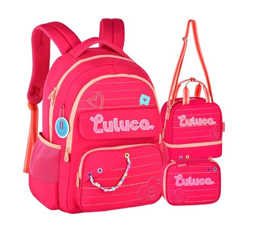 Kit Mochila Luluca Costas Escolar Infantil Lancheira E Estojo Menina Linda (Rosa)