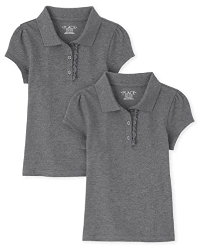 The Children's Place girls Short Sleeve Ruffle Pique Polo Shirt, Dk Heather Gray 2 Pack, XX-Large US