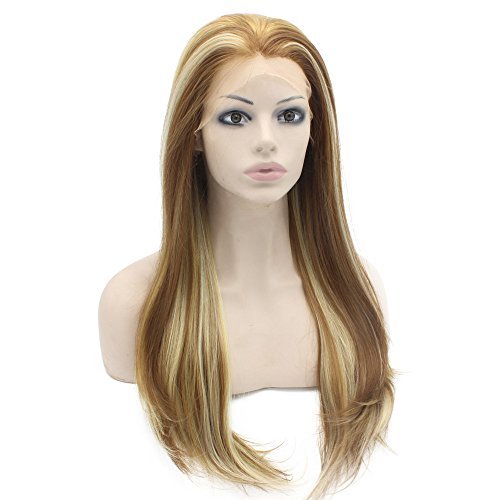 24inch Long Straight Highlight Blonde Synthetic Lace Front Wig Natural Heat Friendly Fiber Wig at Mxangel
