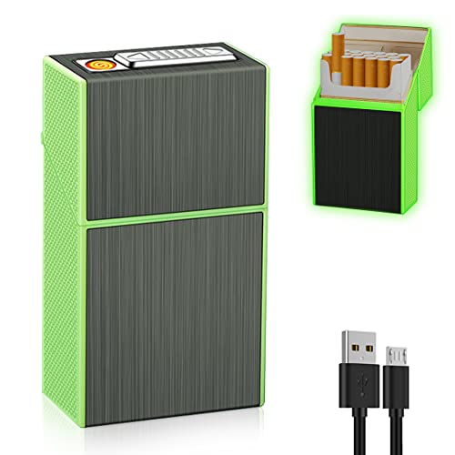 Image of GUSTAVE Cigarette Case with USB Electric Lighter for Men, Rechargeable Night-Glare Flameless Lighter, Holds 20 Cigarettes, Plastic Material,Brushed Aluminum (Black)