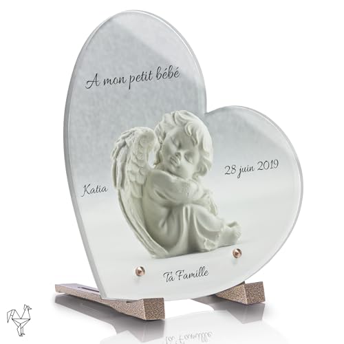 Plaque Funéraire personnalisable coeur Ange - Angelot - Plaque Funéraire avec texte personnalisé sans inter funéraire - Résistante aux Intempéries - Traitée Anti UV (Bébé Ange, 21x21 cm)