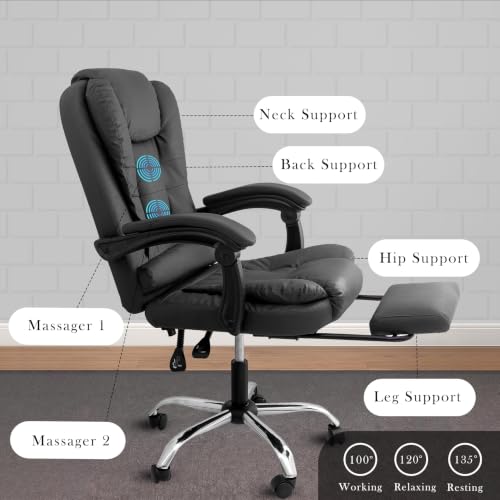 Image of Casa Copenhagen Italia Leatherette Office Chair for Work | Boss Chair, Ergonomic Executive, Luxurious Cushioned Arms & Seat, 2 Point Back Massager, Adjustable Leg Rest, Heavy Duty Metal Base (Black)