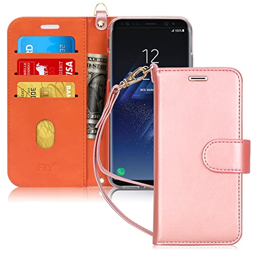 FYY Wallet Phone Case for Samsung Galaxy S8, Flip Protective Case Cover with [Card Holder] [Wrist Strap] for Samsung Galaxy S8 Rose Gold