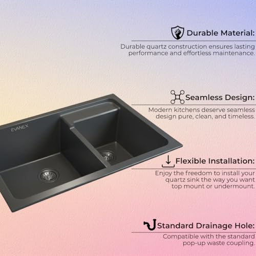 Image of EVANEX Quartz Kitchen Sink | 31x18x9 Inch Double Bowl Sink for Kitchen | Granite Topmount /Undermount Kitchen Sinks | Grey Double Sink with Connector, Waste Pipe, Coupling and Drain Basket