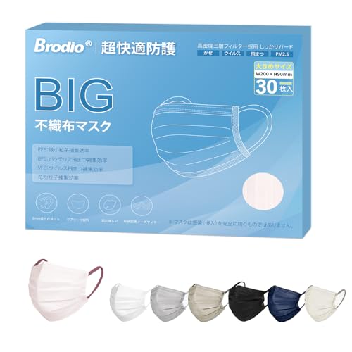 【大きめマスク 20cm】個包装マスク 大きめ 不織布 30枚入 男性用 大きめサイズ 20cm brodioマスク 日本認証済み 6mm平ゴムで 耳が痛くない耳が痛くなりにくいです (30, ライラック×紐ワインローズ)の商品画像（Amazon）