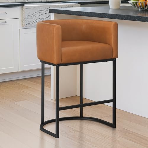 Image of LUE BONA 27 inch H Counter Height Bar Stools, Modern Barrel Counter Stools with Backrest and Arms, Black Metal Frames, Faux Leather Upholstered Accent Barstools for Kitchen Island, Yellowish Brown