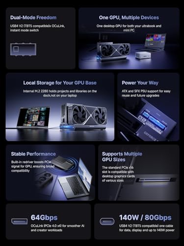 Image of MINISFORUM DEG2 USB4 V2 (TBT5 Compatible) & OCuLink eGPU Dock, 80Gbps Dual-Link External GPU Enclosure with M.2 NVMe Slot, Supports Universal ATX /SFX Power Supplies