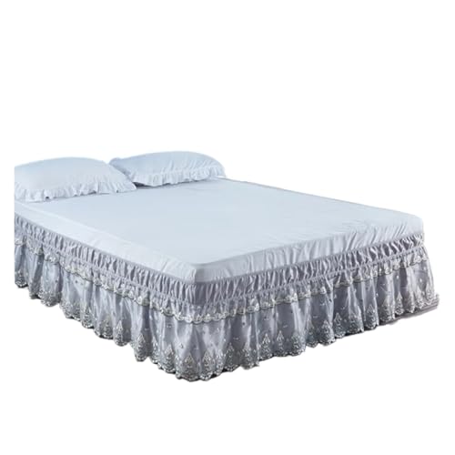 Falda de Cama Faldas de Cama Bordadas estereoscópicas Lujo con Volantes Encaje Capas Dobles cinturón elástico(Silver Gray,Queen 150x200x38cm)