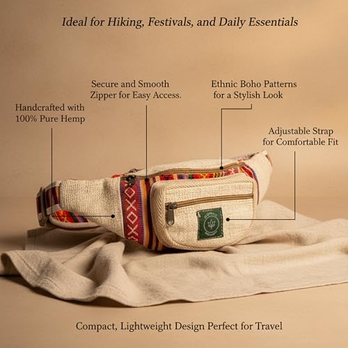 Image of Waist Bag for Men & Women | Adjustable Belt Bag Hemp-Cotton Fanny Pack | Travel Running Hiking Outdoor Crossbody Chest Sling | Eco-Friendly Lightweight Waist Bag with Multiple Zipper Pockets