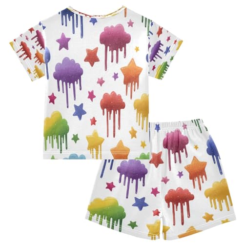 Pajama Sets Short Sleeve Dripping Clouds Stars Colorful Soft Cotton Summer Sleepwear 2 Piece PJS Size 5-14T2