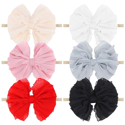 YanJie Baby Girl Bows Nylon Lace Baby Headbands Handmade Soft Elastics Newborn Bows Ruffled Big Bow Hair Accessories for Infant Baby Toddlers Girls Black White Beige Red Pink Blue