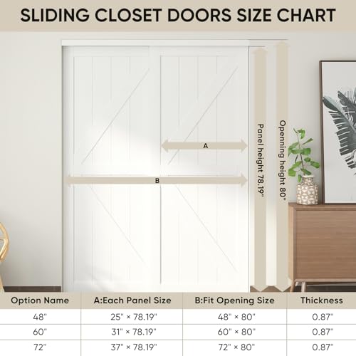 JUBEST 60"(Double 31") x80" Sliding Closet Door, K Style Bypass Closet Door with Hardware Kit & Matching Fascia, Preassembled Solid Wood Slab with Water-Proof PVC Surface, Easy to Install, White - Image 5