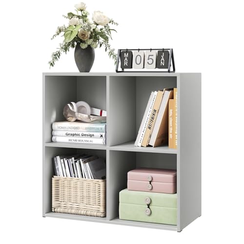 WOLTU Bibliothèque, Étagère de Rangement, Meuble Cube, 59,6x29x59,8 cm, en Bois d'ingénierie, pour Salon, 4 Cubes Compartiments, Gris