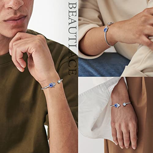 beautlace Hamsa Hand of Fatima Evil Eye Bangle Silver Plated Adjustable Hand Bracelets Protection Good Luck Jewelry Gifts for Women Men KB0019W2