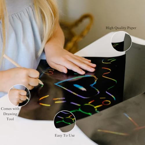Image of R H lifestyle DIY 10 Sheet Magic Rainbow Scratch Art Paper Cards Scraping Drawing with Stick (A4 Size)