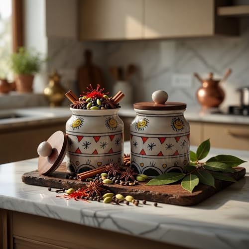 Image of Ceramic Jar & Container for Kitchen Storage Set | Multi Utility Air Tight Kitchen Organizer Items | Tea Coffee Sugar Containers with Wooden Lids (Hand-Painted, 450 ML, Pack of 2)