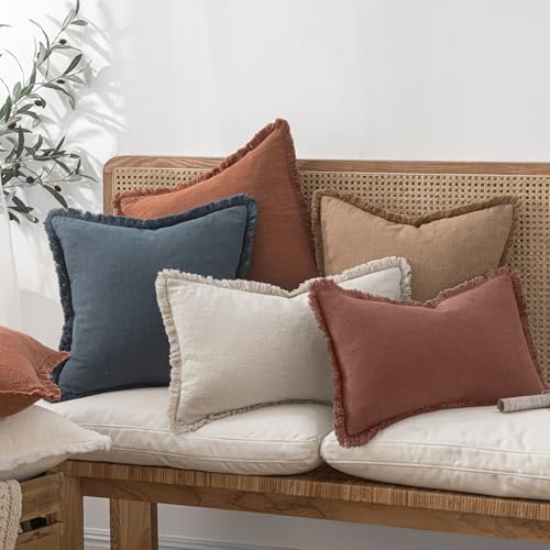 Image of MIULEE Decorative Throw Pillow Covers Neutral Linen Fringe Throw Pillows Set of 2 Autumn Glaze Boho Farmhouse Cushion Covers with Tassels for Couch Sofa Bed Living Room Fall Decor 18x18 Inch