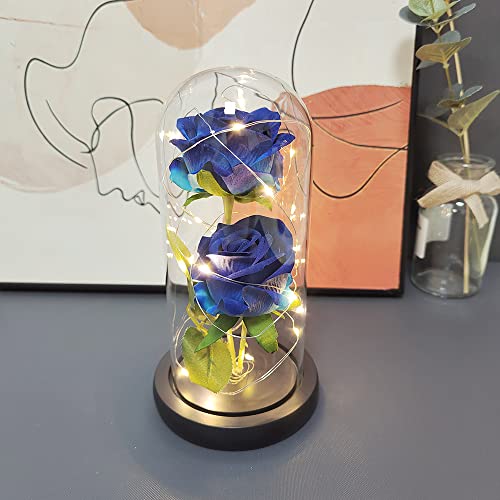 バラ 造花 枯れない花 薔薇 造花 フラワーライト LEDライト付き電池式 薔薇 花束 プレゼントバラ バレンタインデー 母の日 お祝い 誕生日 結婚記念日 クリスマス 新年 退職 お祝いに適用 彼女への贈り物 (二つの花 ブルー)