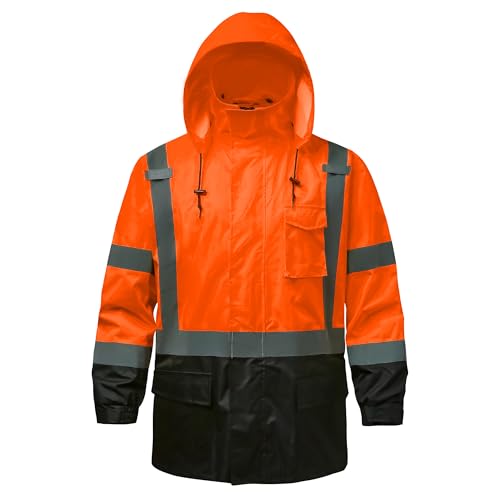 Image of Reflective Rain jackets for men waterproof,Hi Vis Safety Coat With Reflective Strips，High Visibility Class 3 Rain jackets With 2 large pockets，Zipper,Black Bottom Orange,4XL /5XL