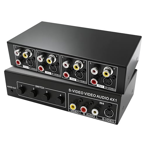 XMSJSIY S-Video + AV RCA Switch 4 en 1 Out Composite Video L/R Convertisseur stéréo L/R Sortie Jack 3,5 mm 4 voies S-Video SVHS + AV L/R Commutateur pour PC,...