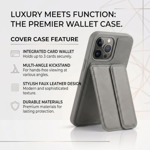 Image of amazon basics Luxury Vegan Leather Back Cover for iPhone 13 Pro | Built-in Card Holder Slot | Integrated Mobile Stand | Slim Shockproof Protective Case with Stitched Finish - Gray