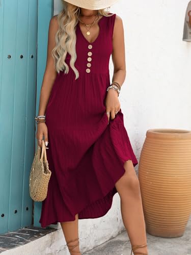 Image of HELYO Women's Casual Summer Dress 2026 Sleeveless V Neck Button Beach Sundress Tiered Ruffle Flows Skirt Midi Dresses