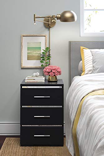 Finch Belmont Fully Assembled Nightstand Modern Mirrored Accent, Bedside End Table With Silver Handles, 3-Drawer, Black #TOP1