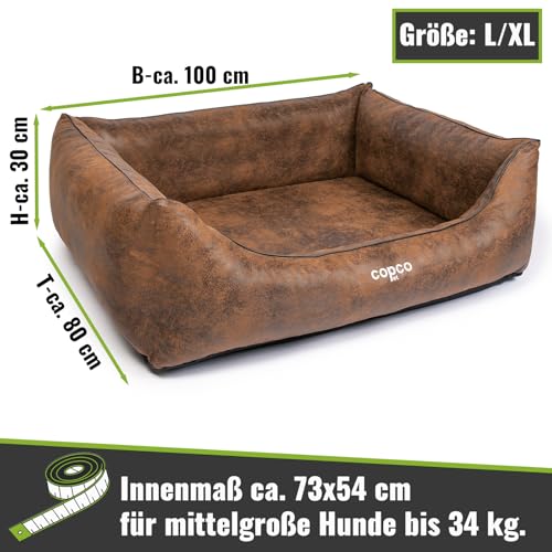CopcoPet Hundebett mittelgroße Hunde【waschbar & rutschfest】 Hundekorb XL Kunstleder in Wildlederoptik, gelenkschonendes Hundekissen für drinnen, pflegeleichtes Hundesofa, Dog Bed in Braun 100x80cm