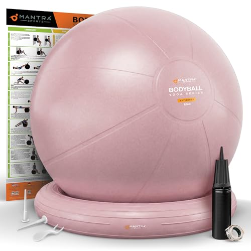 Image of Yoga Exercise Ball Chair for Office Desk with Base, Ideal for Pregnancy, Birthing, Stability Exercises & Fitness. Swiss Stability Birth Ball for Labor, Gym & Workouts.