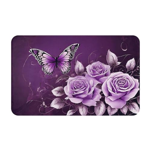 Purple Beauty Butterfly Print Living Room Bathroom Kitchen Anti Slip and Absorbent Carpet, Indoor Entrance Door Muddy Floor Mat, Ultra Soft Washable Carpet 21x31.5 Inches