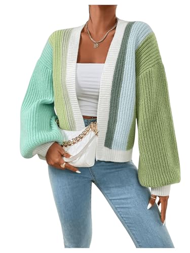 SHENHE Women's Color Block Open Front Long Sleeve Ribbed Knit Cropped Cardigan Sweaters4