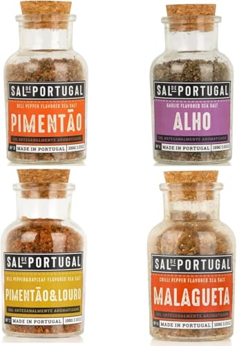 Lot de 4 Sels Marins Portugais Aromatisés de 150 g Chacun : Piment, Ail, Paprika et Paprika au Laurier. Élection de Condiments Gastronomiques du Portugal.