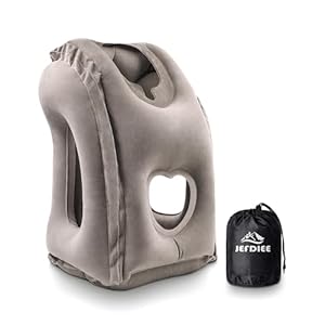 JefDiee Inflatable Travel Pillow for Airplanes, Airplane Pillow Comfortably Supports Head and Chin, Plane Pillow Used for Airplane, Trains, Cars and Office Napping (Grey)