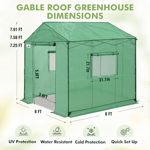 Image of EAGLE PEAK 8x8 Pop Up Walk in Greenhouse, Easy Setup, Gable Roof, Green