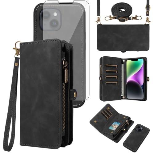 Coque iPhone 14 Plus portefeuille fermeture éclair protection verre trempé