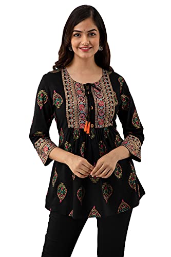 Image of DMP FASHION Women's Rayon Classic Printed Boota Top with Beautiful Tassels and Buttons at Front Black