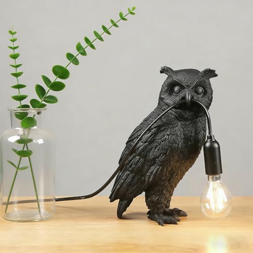 RUIQBMAY Owl Table Lamp Resin Animal Bird Bedside Night Light Black