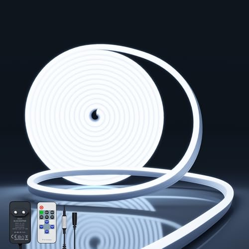 NELUX Striscia LED Neon 5 Metri da Esterno Impermeabile o Interno Cucina Bianco Freddo. Luce LED Strisce Alta Luminosità Dimmerabile Flessibile Sottopensile IP65. Include Telecomando e Trasformatore