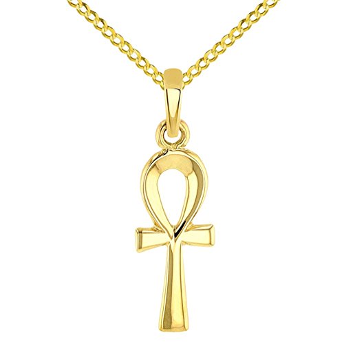 Jewelry America Solid 14k Yellow Gold Dainty Egyptian Ankh Cross Charm Pendant with Cuban Chain...