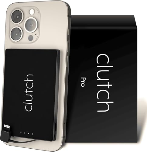 Clutch Pro Worlds Thinnest iPhone Charger Portable Power Bank 5000mAh Magnetic Built-in Lightning Cable TSA Approved Travel Charger iPhone 14 & Earlier Black
