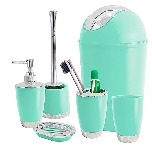 Conjunto de acessórios de banheiro Luckinget, conjunto de 6 peças de acessórios de plástico para banheiro com escova de dentes, copo de enxague, sabonete, garrafa de higienizador de mão, cesto de lixo, escova de vaso sanitário com suporte (verde menta)