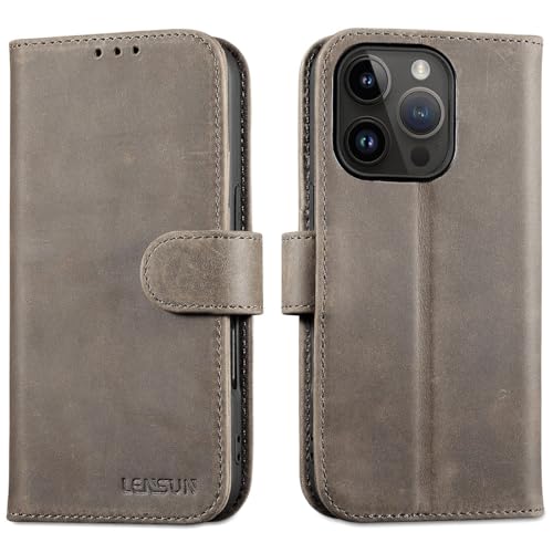 Housse iPhone 16 Pro 5G Cuir Portefeuille LENSUN Gris Brun de voyage