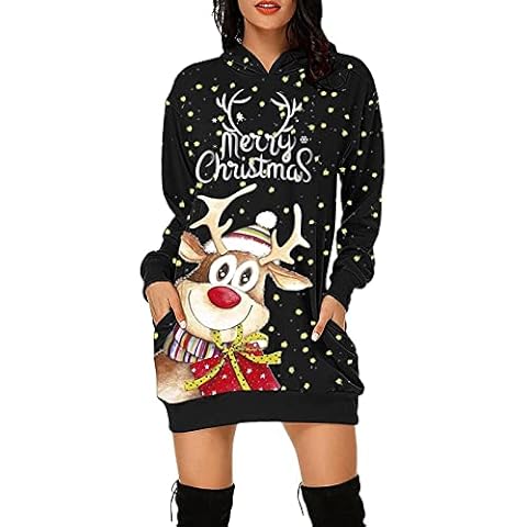 Christmas Dresses for Women Hooded Sweatshirt Dress Snowflake Deer Tunic Hoodie Xmas Jumper Pullover Tops with Pocket(B-Gift Reindeer Black,XXL) Cover