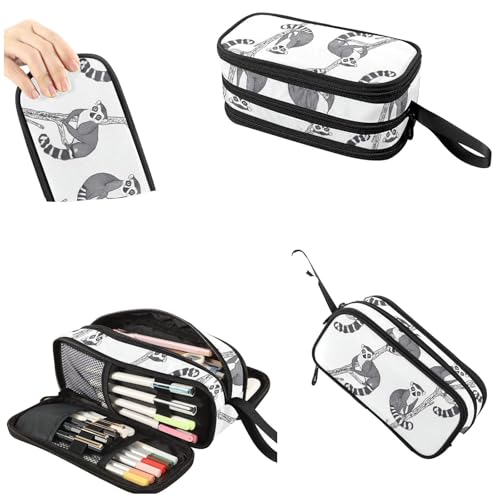 Image of Fustylead Black and White Cute Lemur on Branch Pencil Pen Case with 3 Compartments, Lightweight & Spacious Stationery Bag Cosmetics Bag