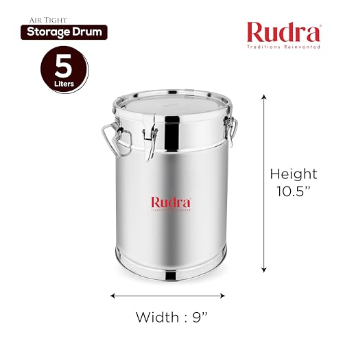 Image of Rudra Stainless Steel Air Tight Container /Drum /Box for Kitchen Storage | Kothi | Rice | Flour Atta Big Dabba With Handle | (5, Cylinder, 1, RU3014)