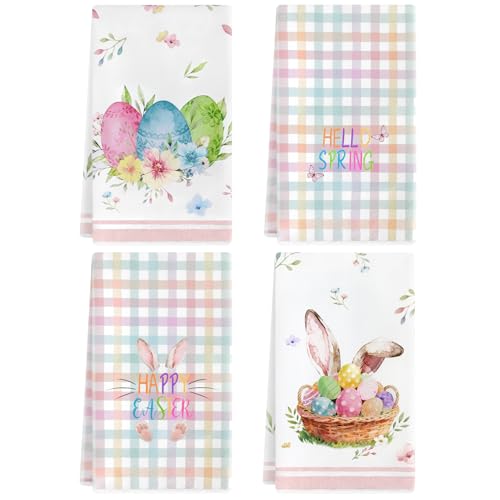 Colorful Bunny Rabbit Easter Kitchen Towels Ears Eggs Buffalo Plaid Polka Dot Floral 18x26 Inch Hello Spring Happy Easter Dish Towels Home Tea Bathroom Seasonal Decorations Hand Towels Set of 4