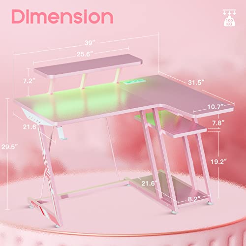 Motpk Pink Gaming Desk L Shaped With Led Lights, Small Corner Computer Desk 39Inch With Power Outlets, Gaming Table With Pc Storage Shelf, Gamer Desk With Monitor Shelf, Carbon Fiber Texture #TOP2