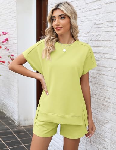 Image of LOMON Womens Fashion 2 Piece Outfits Sweatsuits 2026 Summer Short Sleeve Loungewear Tracksuit Round Neck Lounge Shorts Sets