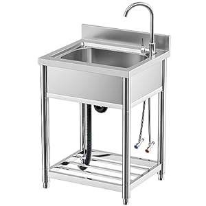 Free Standing Stainless Steel Single Bowl Commercial Restaurant Kitchen Sink Set wFaucet Prep Utility Washing Hand Basin wStorage Shelve laundry tub for Indoor Outdoor 22in